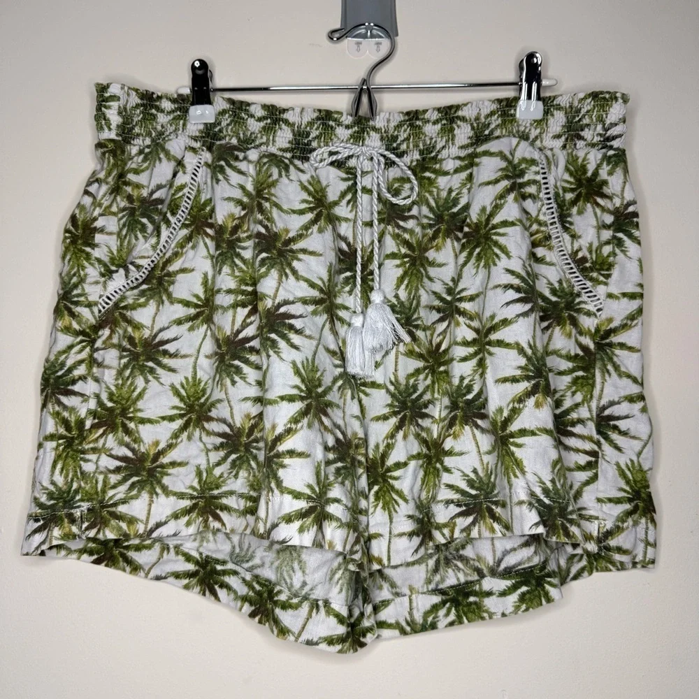 BRIGGS Tropical Linen Blend Beachy Boho Drawstring Tassel Stretchy Flowy Shorts